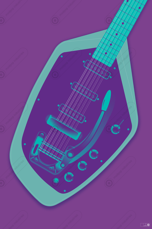 Vox Phantom guitar angled in violet and teal